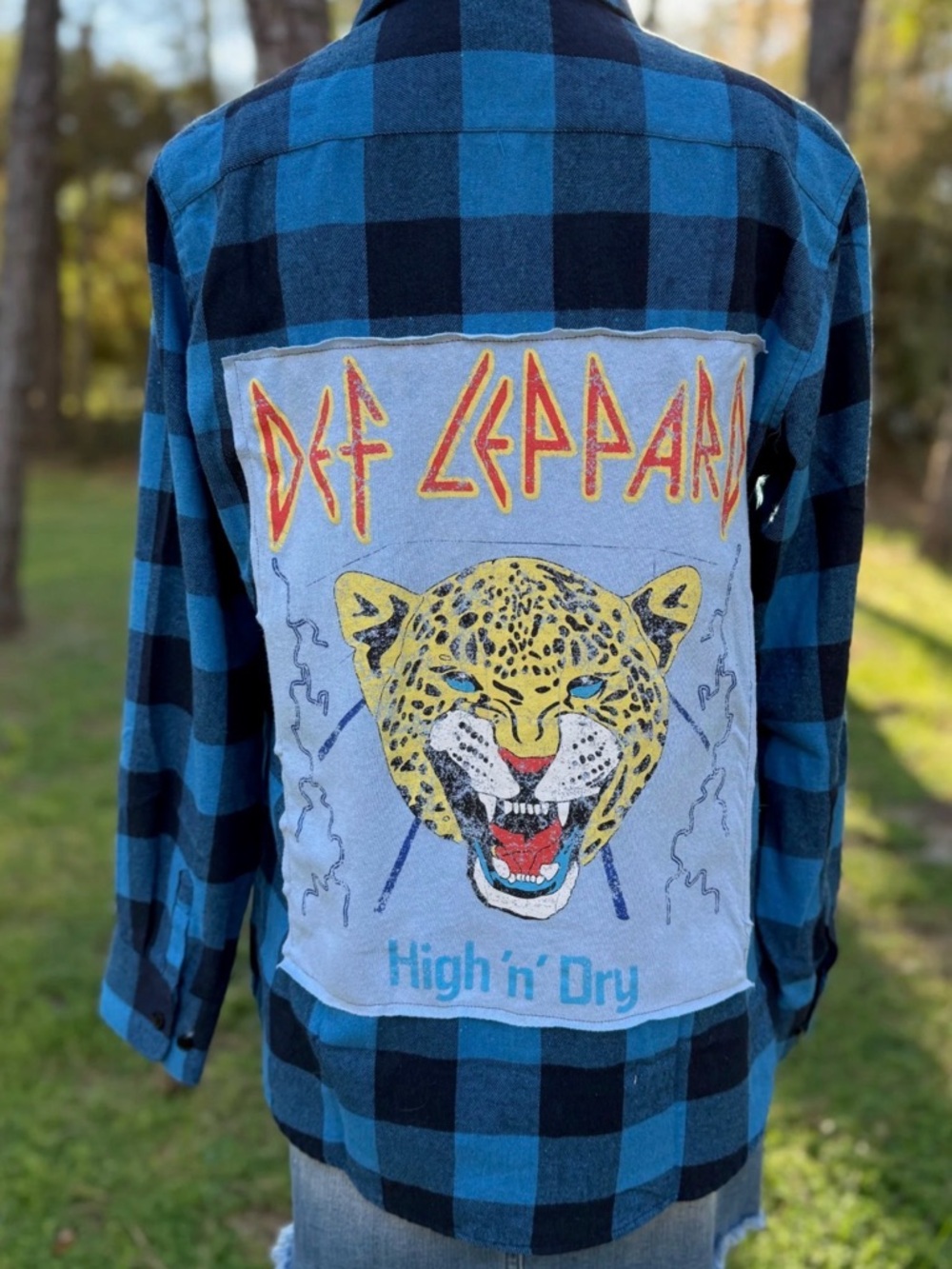 Upcycled Def Leppard 'High 'n' Dry' Back Patch Blue Black Plaid Shirt
